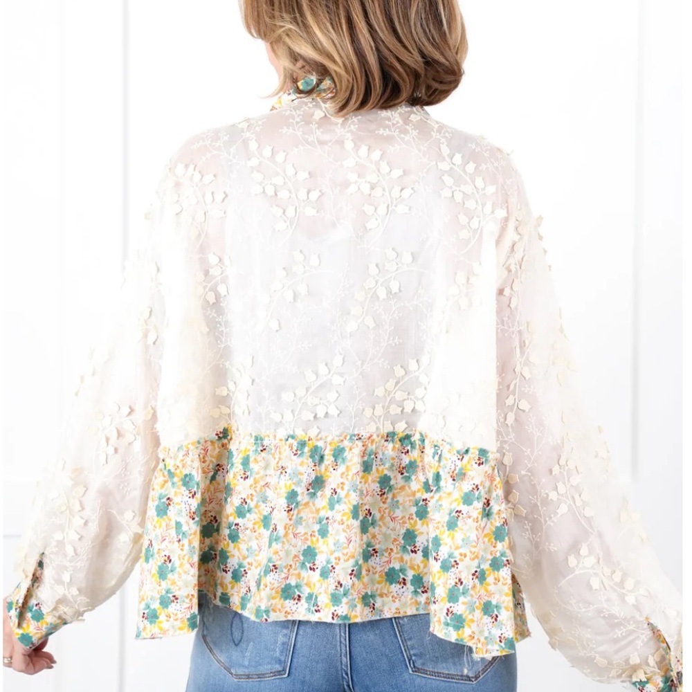 Pol Sheer Lace/Patchwork Button Down Oversized Bl… - image 3